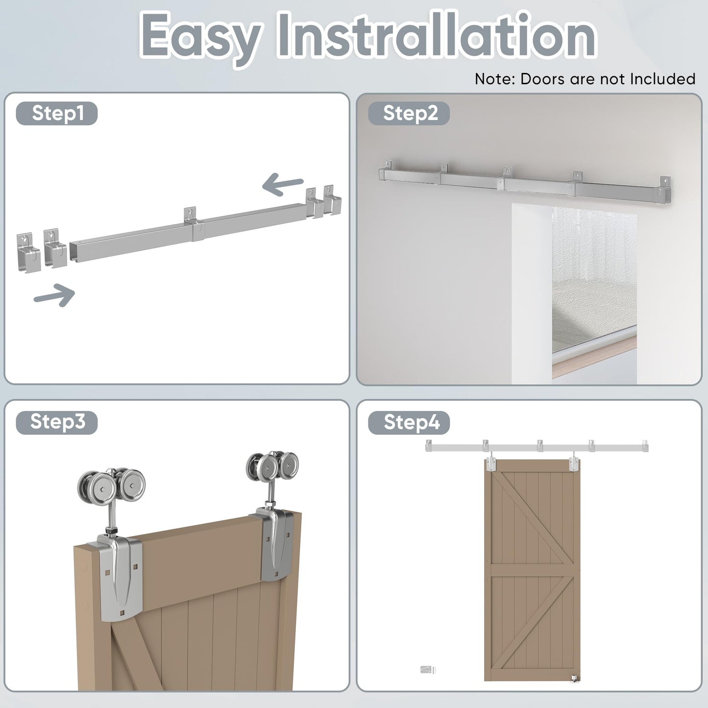 JUBEST 8FT Box Rail Exterior Barn Door Hardware Kit, Heavy-Duty Silver Sliding Barn Door Track System, Wall Mount Door Hardware Kits (Door Not Included)
