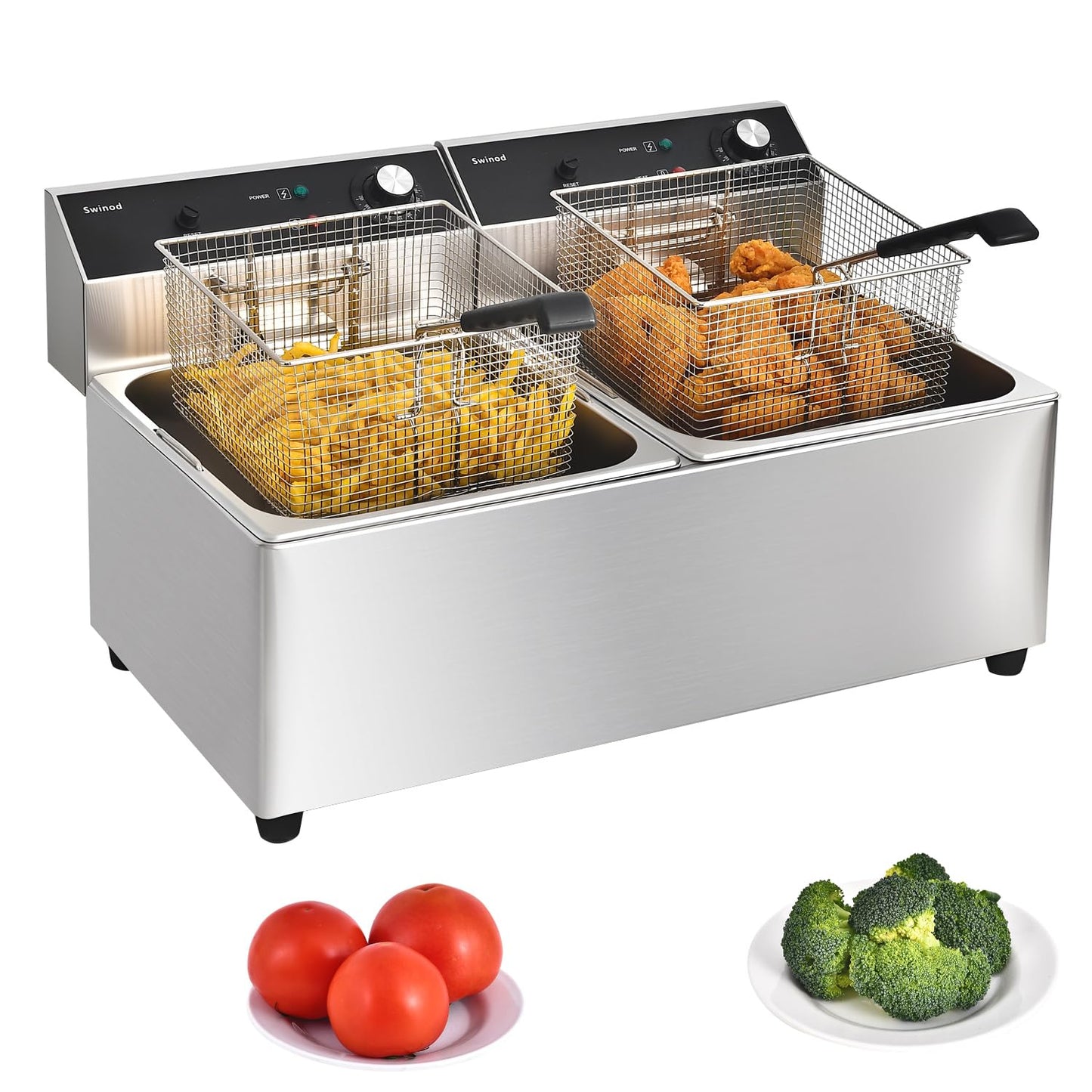 Commercial Deep Fryer with Basket, 3400w Dual 20Qt 0.6mm Thickened Stainless Steel Countertop Electric Fryer for Home and Commercial Use, Oil Fryer with Double Overheat Protection