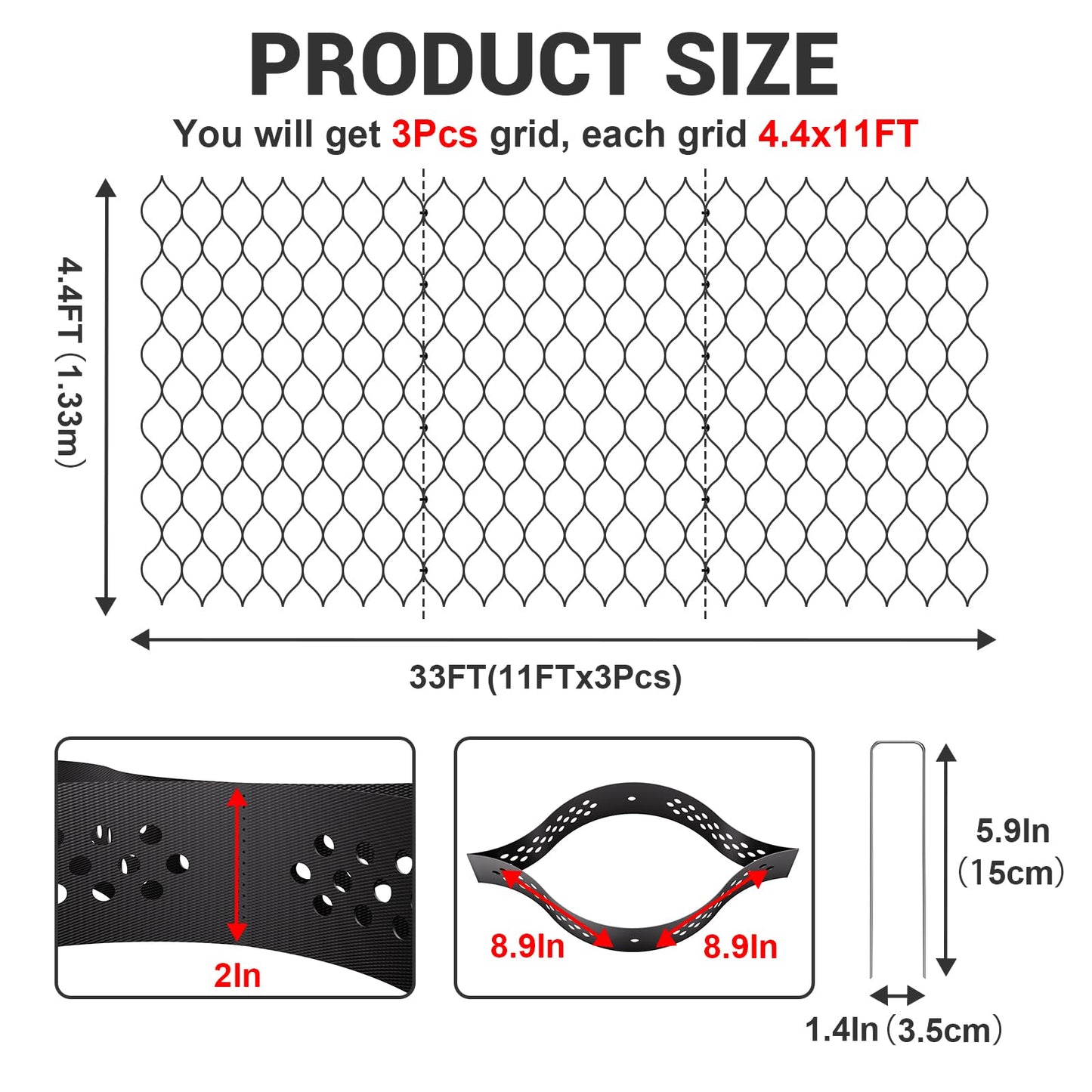 Gravel Grid 4.4x33 FT with 20Pcs Landscape Staples, 2'' Thick Geogrid Ground Grid 2200 lbs per Sq Ft Erosion Control Geo Grid for Driveway, Walkway, Horse Paddock, Patio, Parking Lot, Slope