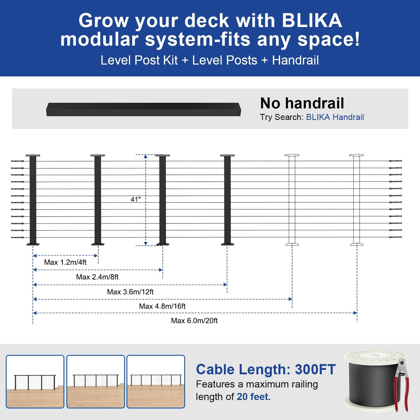 BLIKA 12FT-20FT Complete Set 42" Cable Railing Post Kit, Black Level Drilled Cable Railing Post, Swageless Cable Railing System Include 4Pack Level Posts, 1/8" 300FT Stainless Steel Cable(No Handrail)