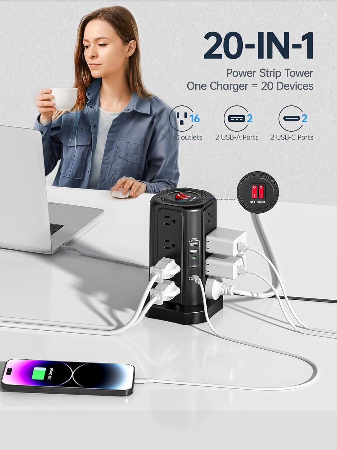 Fararaka 5 Ports,16 13A 10FT (10FT+16AC2A2C) Surge Protector Power Strip with USB AC Outlets Extension Cord