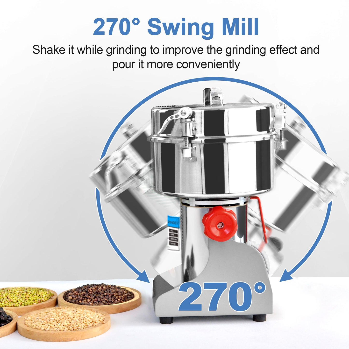 Greatrue 2000g Electric Grain Mill Grinder, 304 Stainless Steel Flour Mill, 3600W High Speed Spice Grinder, Electric Grain Mill for Dry Wheat, Oats, Corn, Pepper and Coffee Beans