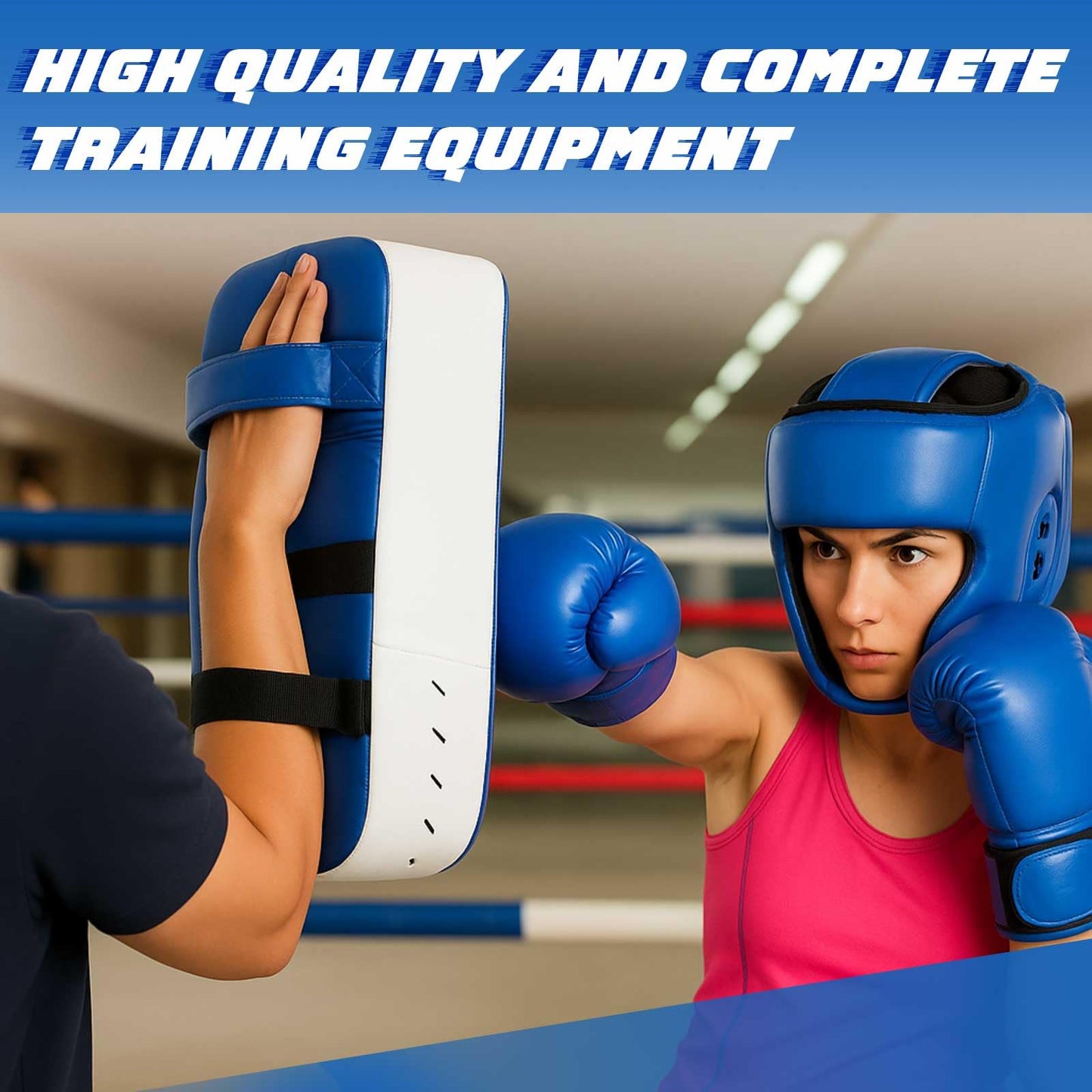Foilswirl 5-in-1 Kids Boxing Pads Gloves Kick Punching Mitts Set with 1 Pair of Gloves, 2 Pcs Pads Taekwondo Kick Pad and Head Guard for Youth Beginner Training Kickboxing Karate Thai(Blue,8 oz)