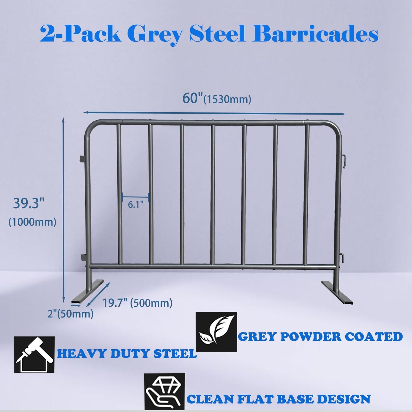 BIGalleons 2-Pack Steel Crowd Control Barrier, Light Duty 5FT Interlocking Safety Barricade, 16GA Galvanized Steel Queue Barrier, Assembly Needed for Pedestrian Traffic & Construction Barricade (Grey)