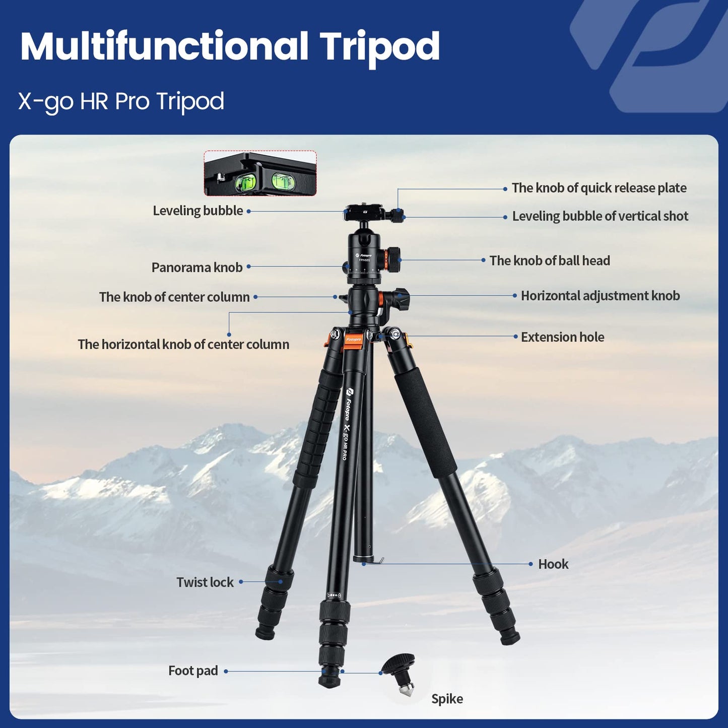 Fotopro Horizontal Camera Tripod 75 Inch Aluminum 360 Degree Ball Head Quick Release Plate DSLR Tripod for Travel Camera Video Camcorder