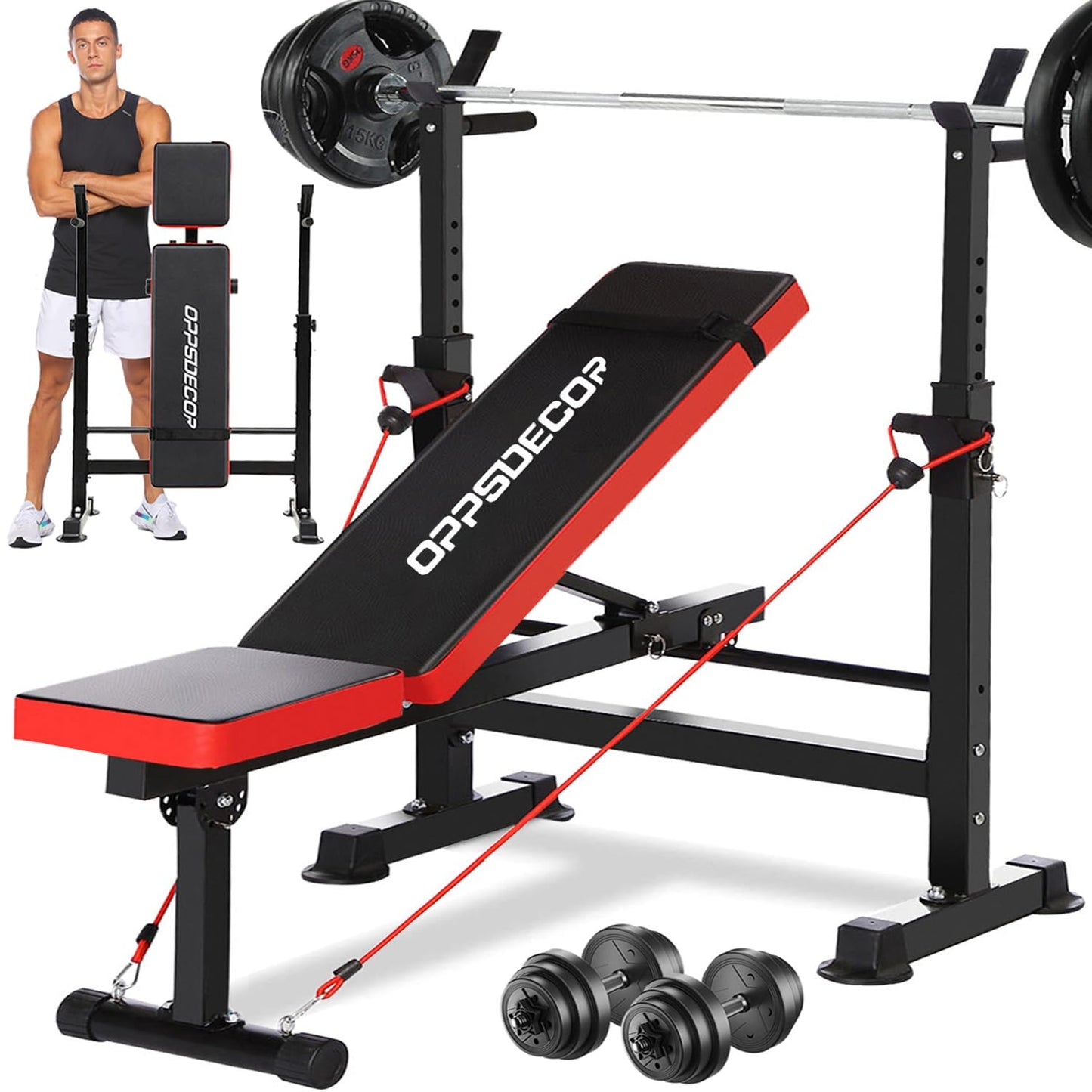 OPPSDECOR 6 in 1 900LBS Weight Bench with Leg Extension and Leg Curl, Foldable Bench Press Set and Squat Barbell Rack with Preacher Curl, Adjustable Workout Bench for Home Gym Strength Training PXZXYX1 (Black)