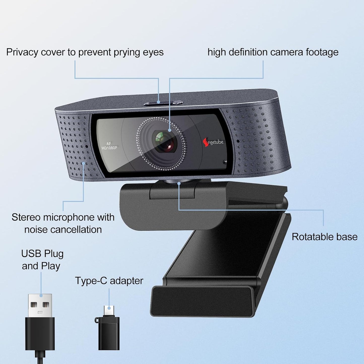 Angetube 1080P 2 2025 HD Webcam with Microphone, Computer Camera, Mics, USB Type-A & A-to-C Adapter, Plug & Play USB PC