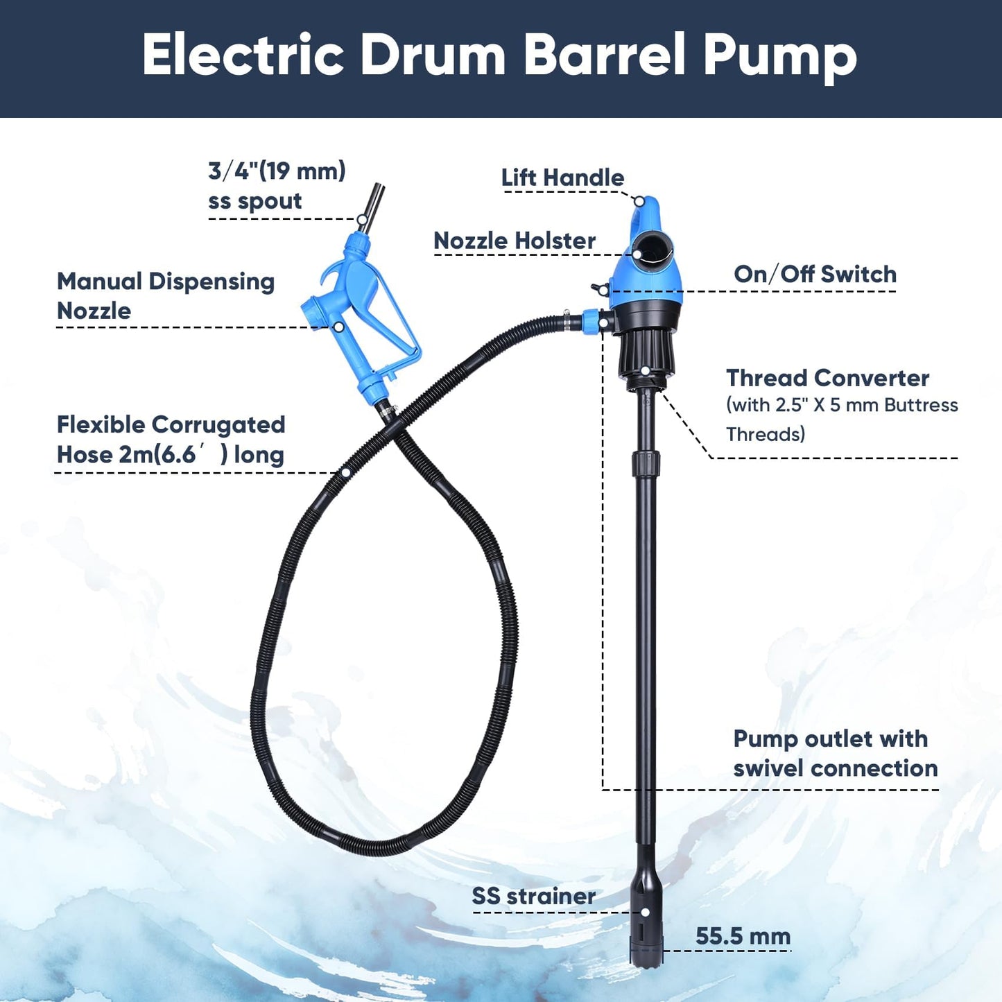 Electric Drum Barrel Pump, 110V-240V AC/ 12V DC Power, 55 Gallon Electric Transfer Pumps with 2-Inch Bung Adapter, 5 GPM Flow Rate, Suitable for DEF, Diesel, Water, Antifreeze