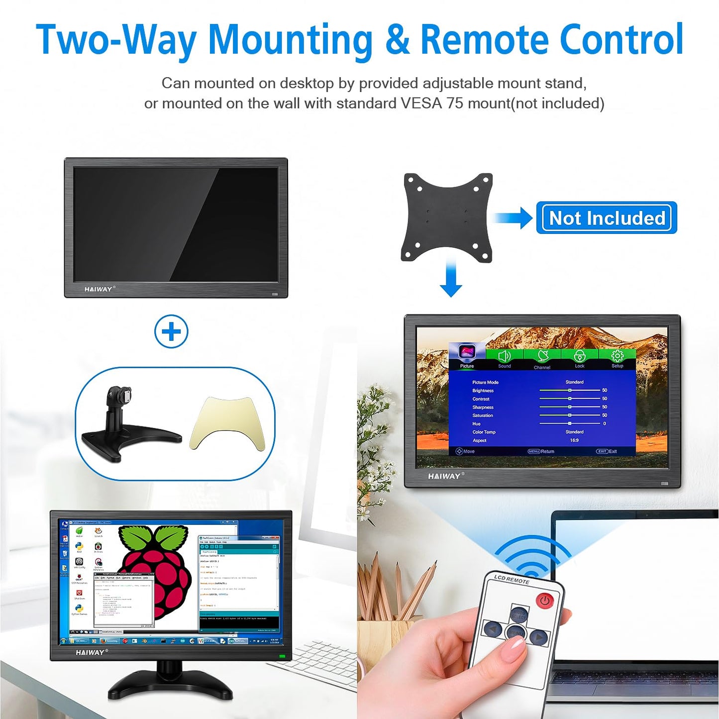 Haiway 15.6 inch Small Computer Monitor, High Resolution 1920x1080P Small hdmi Monitor with HDMI/VGA/BNC/AV/USB Port for PC, Laptop, CCTV Security Monitors with Remote Control, Built-in Speakers