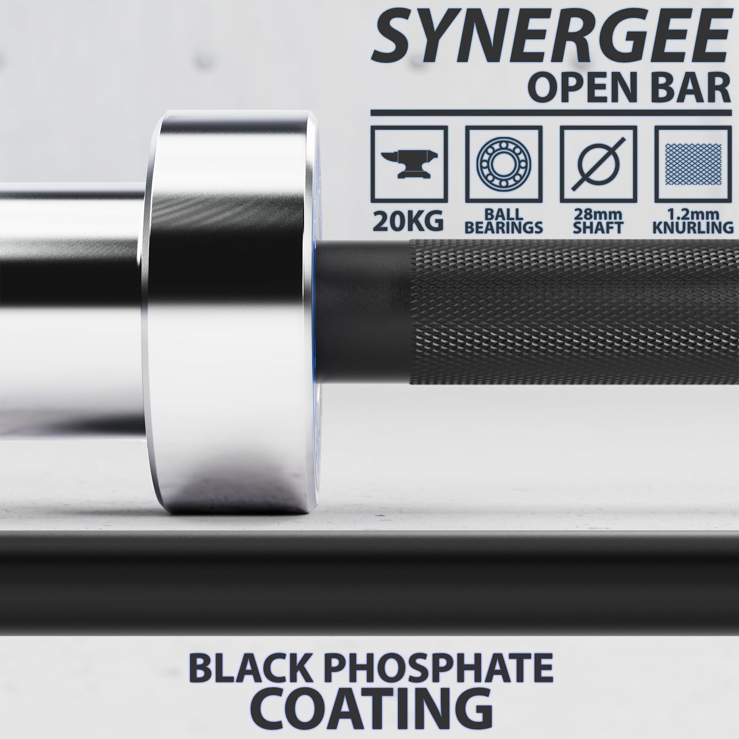 Synergee Open 20kg Men's Black Phosphate Shaft and Chrome Sleeve Olympic Barbell. Rated 1000lbs for Weightlifting and Powerlifting.