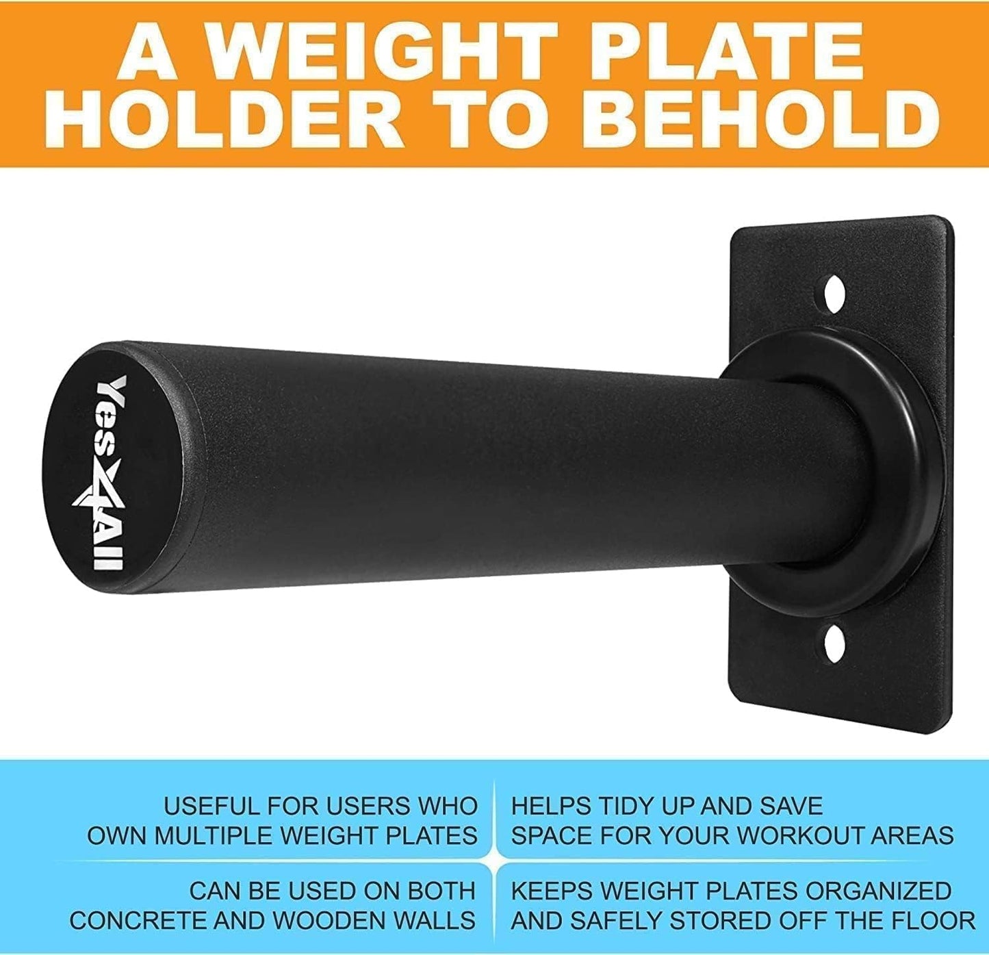 Yes4All Wall Mounted Weight Plate Holder - Fit 2inch Olympic Weight Plates, Protective Rubber Pad (Single)