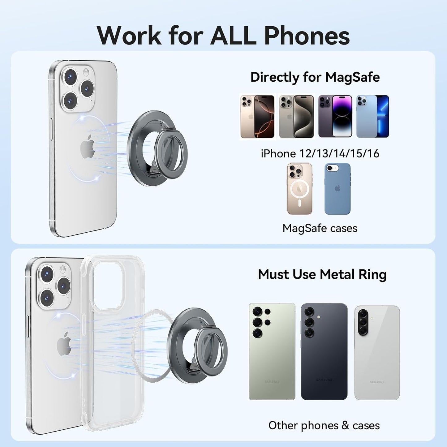 360 Ultra-Light Dual Sided Magnetic Phone Holder,Car Mount, Rotation Finger Ring Holder,Foldable Magnetic Cell Phone