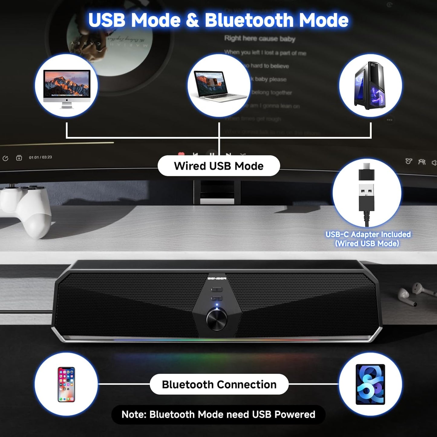 SENZER CS30 Bluetooth Computer Speakers for Desktop, USB Plug & Play PC Speakers with Dynamic LED Light, Stereo Sound