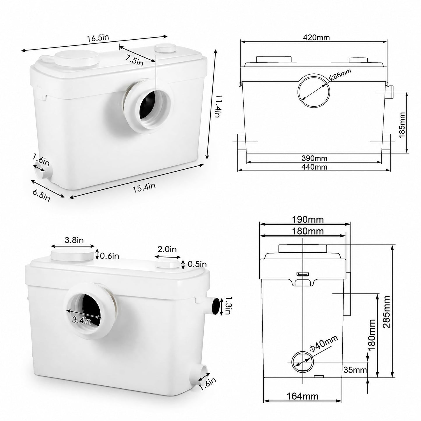 TOPWAY 900W Macerator Pump, 2800GPH Macerating Toilet System with 3 Inlets, Sewage Pump for Basement Upflush System Kitchen, Sink, Shower, Bathtub, Laundry Waste Water Disposal