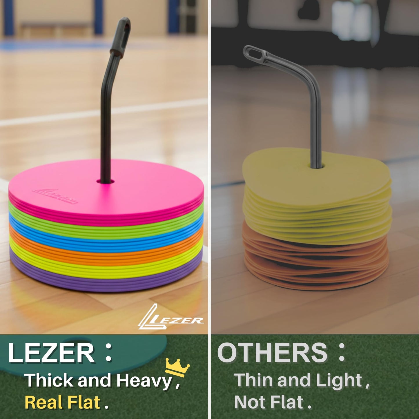 LEZER 9 Inch Flat Cones, Spot Markers, Soccer Cones, Field Court Markers, Sit Spots, Flat Discs, Soccer Training Equipment, Agility Practice, Football, Made in Taiwan, Set of 6