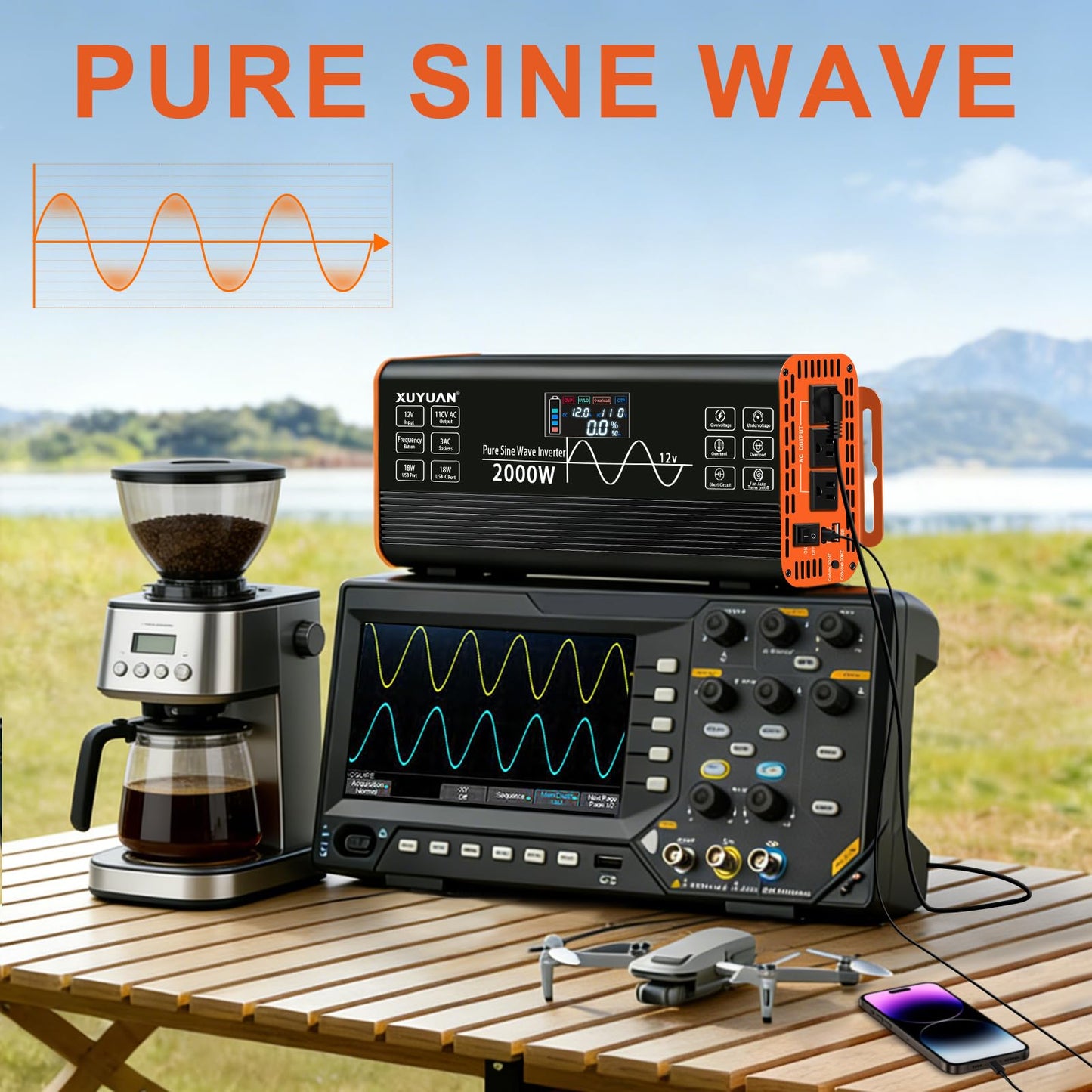 2000 Watt Pure Sine Wave Inverter,12V DC to 110V AC Power Inverter with 3 AC Outlets & 2 USB Ports, for Home Emergency, Solar System, Off-Grid Cabin