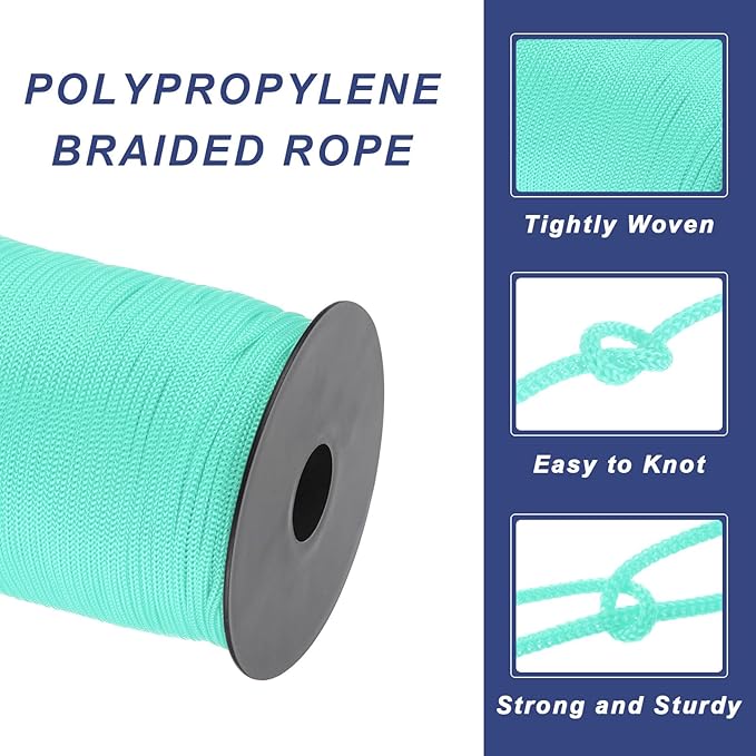 MECCANIXITY 1/8 Inch Polypropylene Rope Braided Ropes, 328ft Nylon Rope Hollow Utility Cord for Clothesline, Camping, Hiking, Outdoor, Light Blue