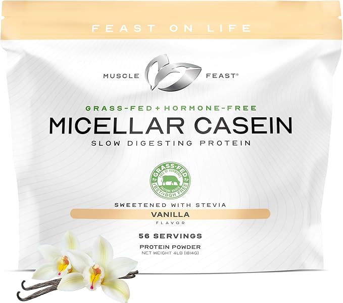 Muscle Feast Grass Fed Micellar Casein Protein Powder, Pasture Raised & Hormone Free, Slow Digesting Casein Protein - Supports Overnight Muscle Recovery, Gluten Free Protein Powder - Vanilla, 4lb
