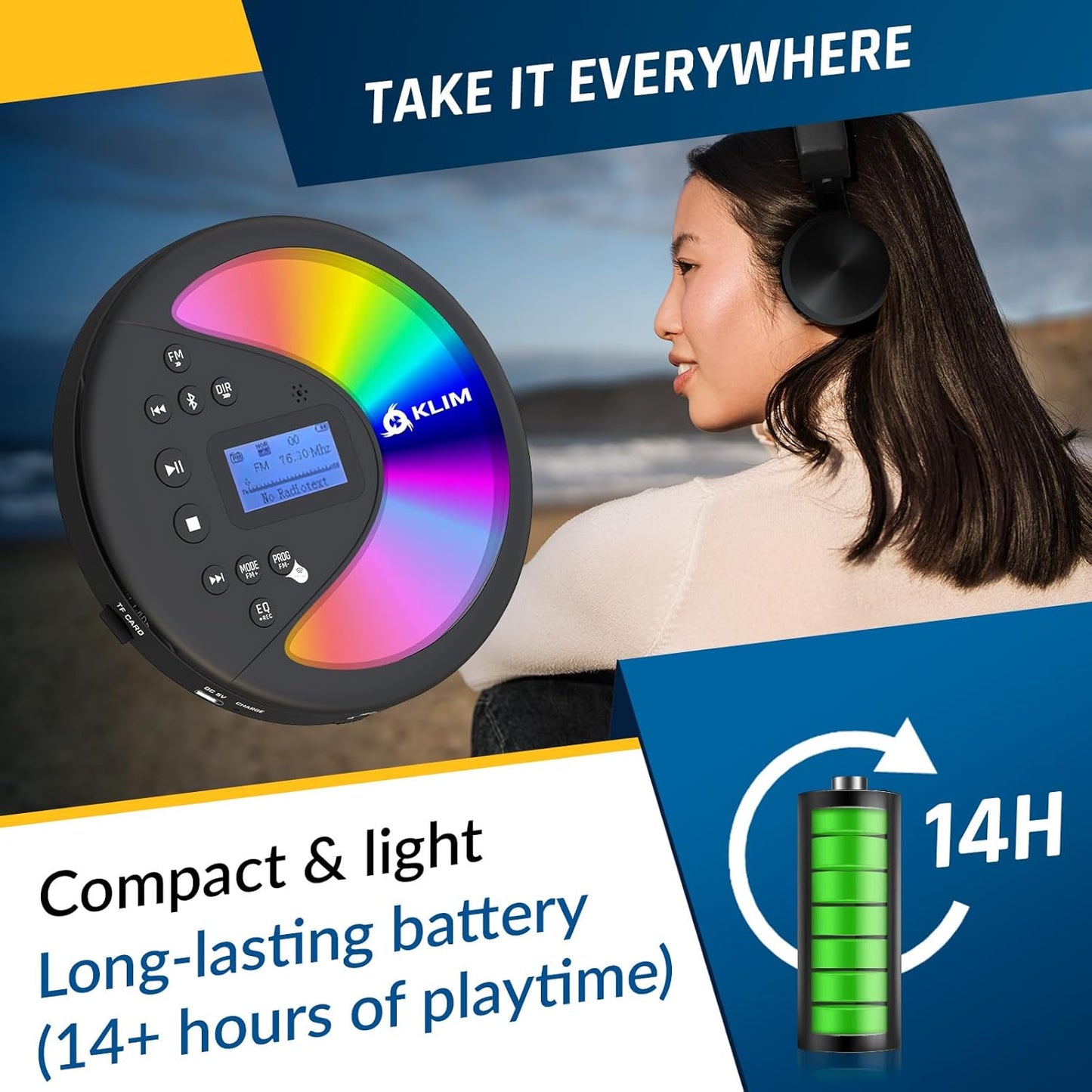 KLIM MP3 Discover with Headphones - Portable CD Player Walkman with Long-Lasting Battery - New - Radio FM - Compatible
