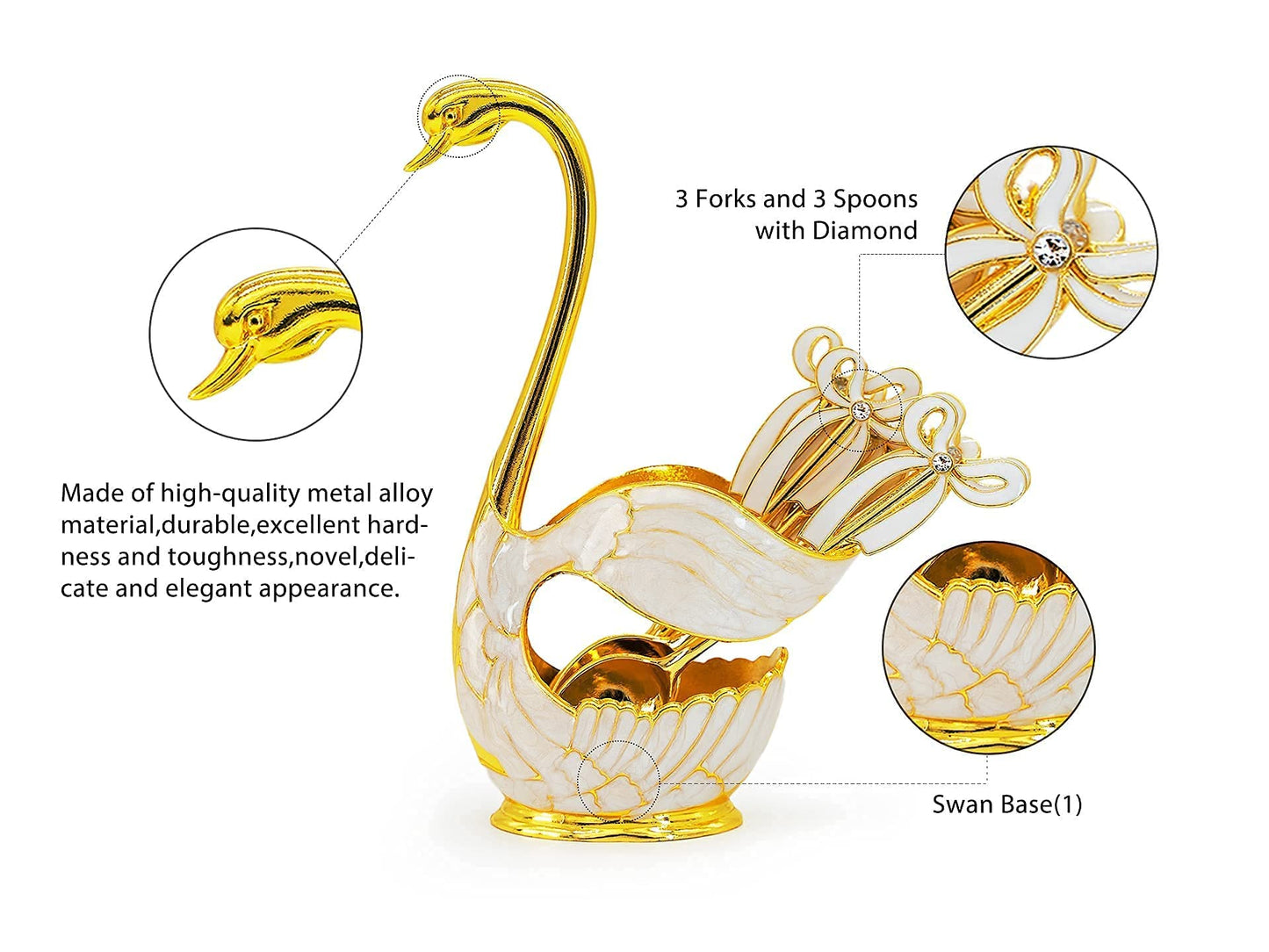 Coffee Dessert Spoon Fork Set, Swan Base Holder with 3 Spoons and 3 Forks, Coffee Dessert Sugar Flatware for Fruit Dessert Stirring Sugar Ice Cream (Gold)