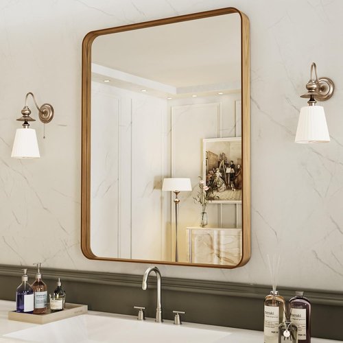 LOAAO Bathroom Mirror - 22X30 Inch Rounded Rectangle Design with Wood Grain Metal Frame | Anti-Rust, Versatile Hanging Options