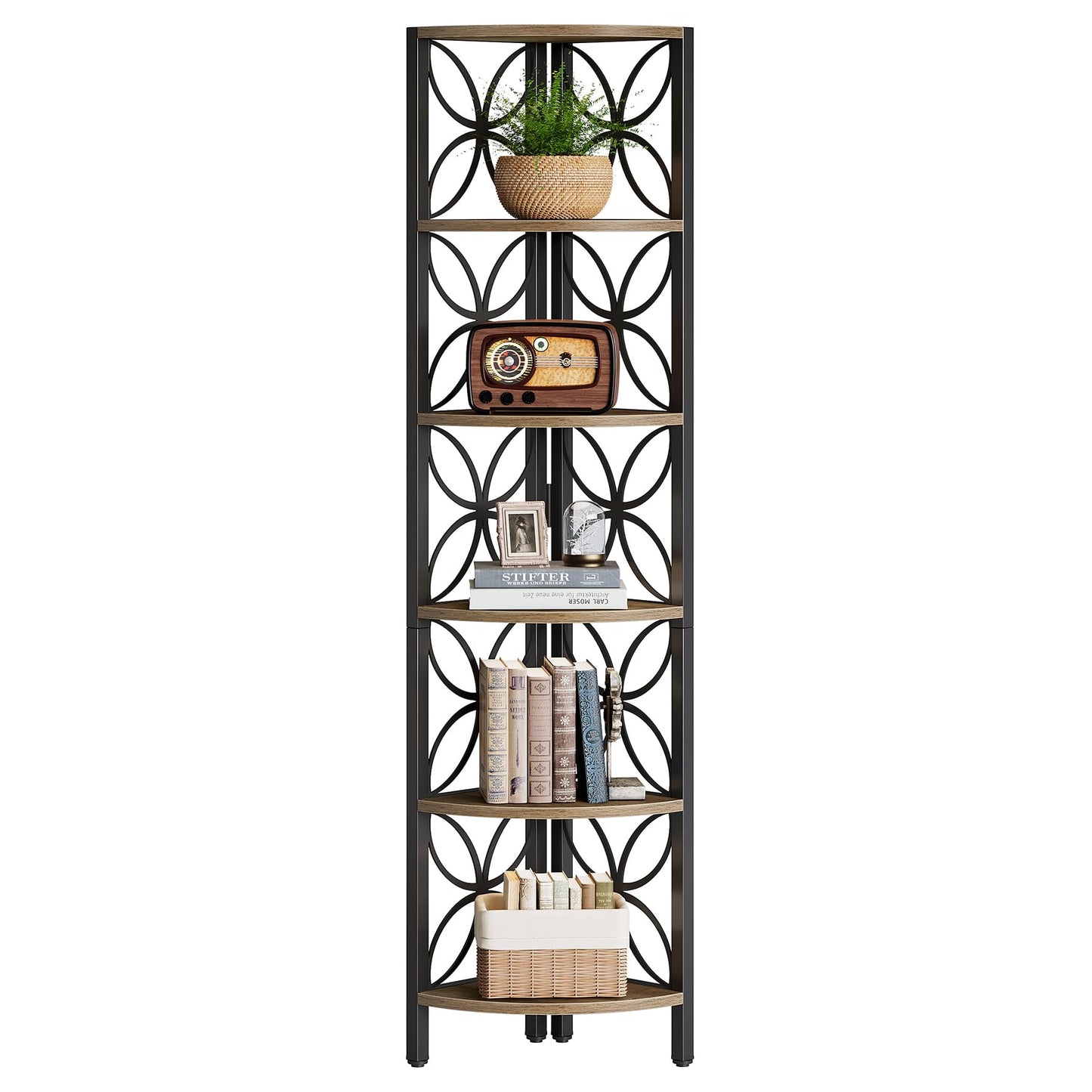 Tribesigns 6-Tier Corner Shelf, Industrial 70.9" Rustic Corner Bookshelf Display Shelf for Living Room, Wooden Shelving Unit Plant Stand Storage Rack for Bedroom, Kitchen, Small Place, Rsutic Brown