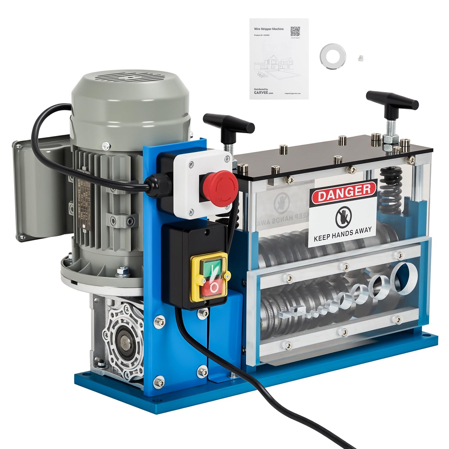 370W Electric Wire Stripper Machine, Automatic Copper Cable Stripper with 0.06"-1.5" Range, 10 Channels, 10 Blades, Transparent Panel, Manual Hand Crank Option for Copper Cable Recycling