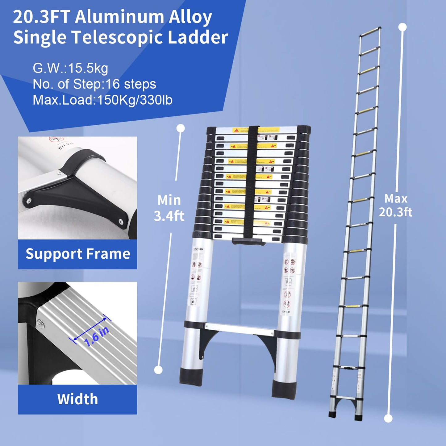 JADDUO 20.3FT Telescoping Ladder, Portable Extension Folding Ladder, Multi-Purpose Compact Ladder for Household or Outdoor Work, 330lbs Max Capacity