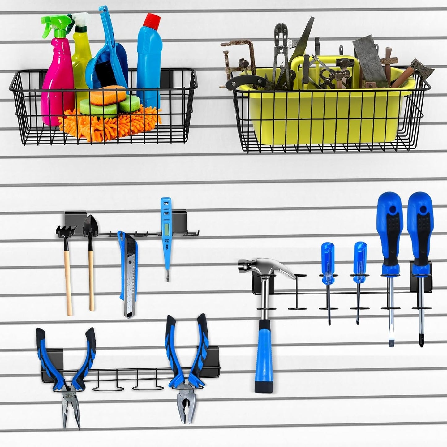 BeapTcely 40-Piece Slatwall Organizer Kit - Includes Hooks, Shelves, Baskets, Bins, Screwdriver Holder for Garage & Room Storage