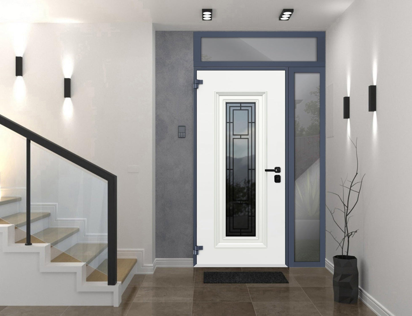 VDOMDOORS Front Exterior Prehung Steel Door/Ballucio 6044 Gray Graphite/Side and Top Exterior Window/Stainless Inserts Single Modern Painted-W36+12" x H80+16"-Right-Hand Inswing