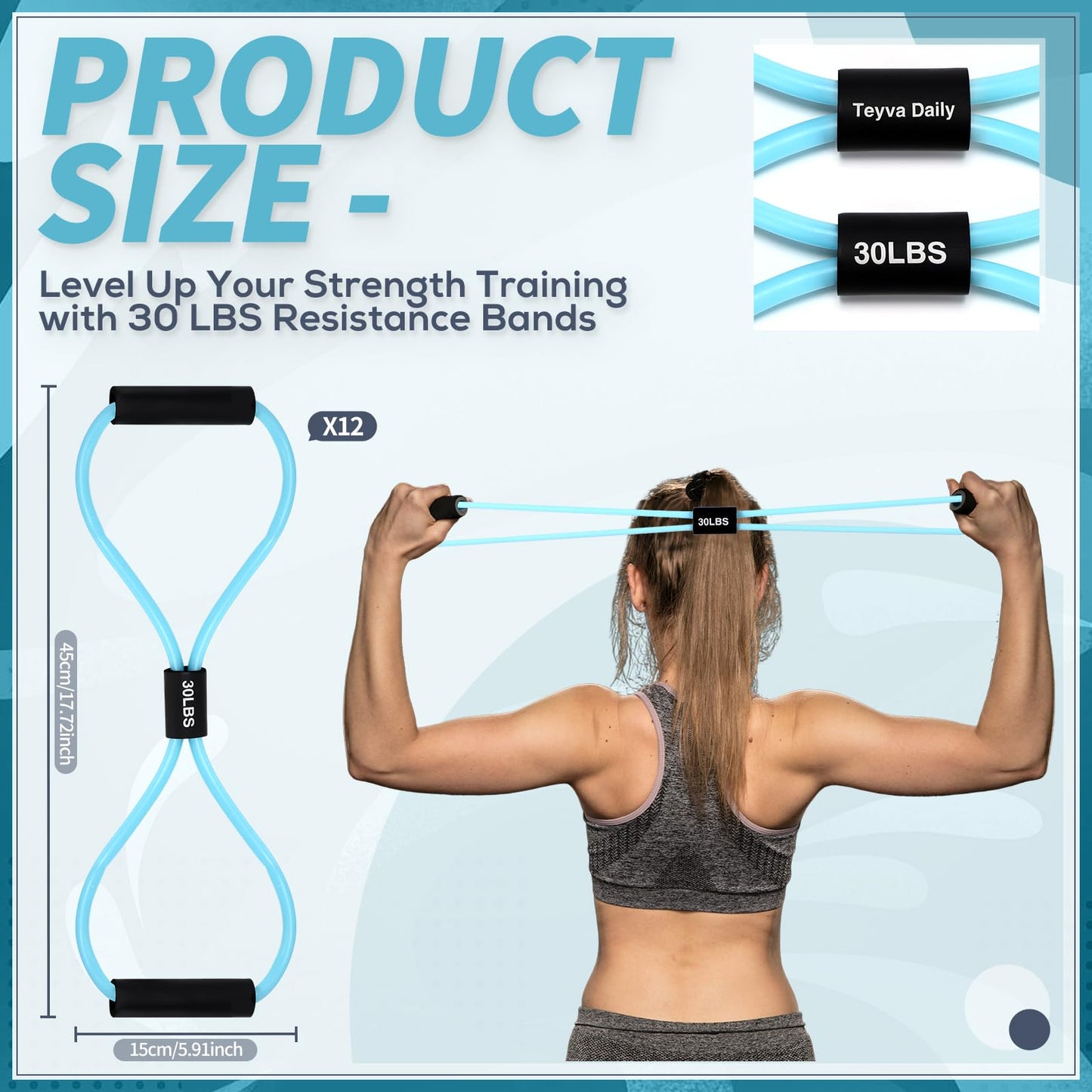 Teyva Daily 12 Packs 30 lb Figure 8 Resistance Bands with Handles, Exercise Bands for Back, Workout for Arms, Shoulder, Leg, Physical Therapy, Pilates, Home Gym Workout Equipment Women Men(Blue)