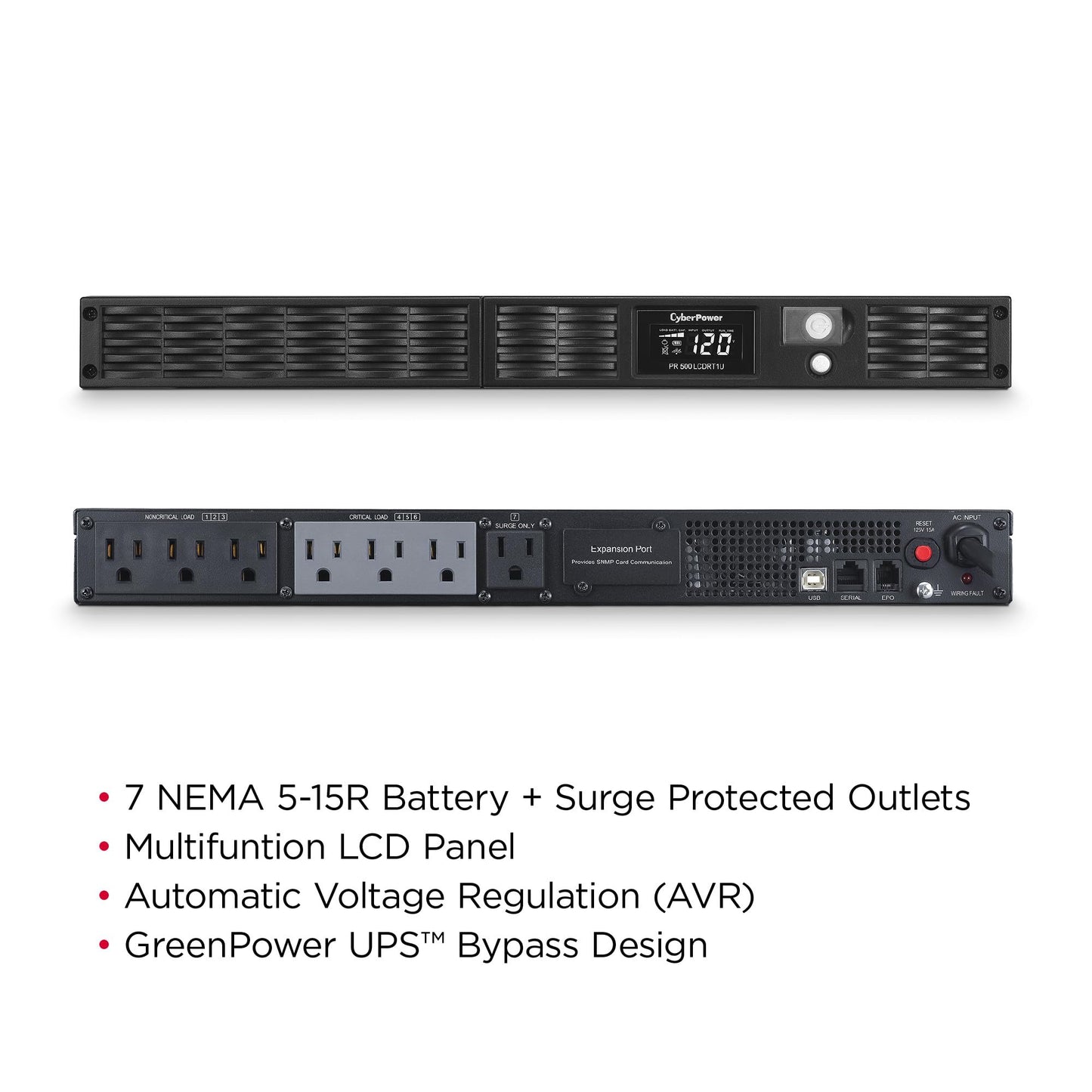 CyberPower PR500LCDRT1U Smart App Sinewave UPS Battery Backup and Surge Protector, 500VA/400W, 7 Outlets, AVR, 1U Rack/Tower, UL Certified