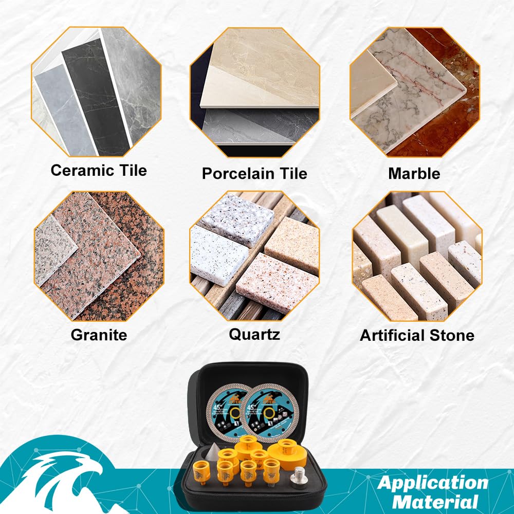 EXFEIN Diamond Tile Hole Saw Kit 12pcs - 6/8/10/25/35/50/65mm Core Drill Bits,10mm Milling Bit and 2" Chamfer Bit with Hex Adapter and 4.5" 2pcs Diamond Blade and for Tile Porcelain Marble