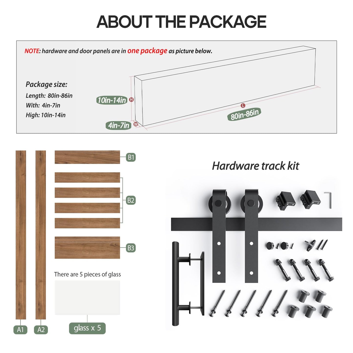 FREDBECK 42 x 84 inch Glass Barn Door with 7FT Barn Door Hardware Kit & Handle Included,5-Panel Frosted Glass,Wood Panel, Water-Proof Surface,Pre-Drilled Holes,Need Assembly