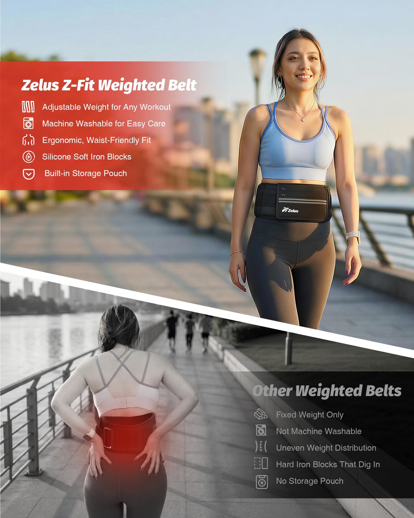 ZELUS Weighted Belt, 0-6 lb Z-Fit Adjustable Weighted Belt for Men Women with 9 Removable Silicone Soft Iron Blocks, 22.4-36.2 in Waist Adjustable Waistband for Training Walking Yoga