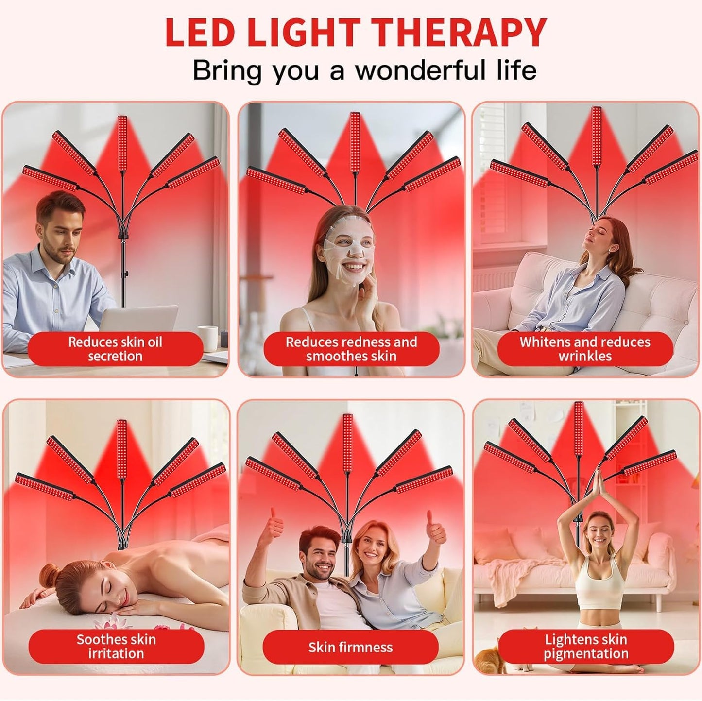 Cholas Red Light Therapy for Face Body, 5 Heads Red Infrared Light Therapy Devices with Stand, 5 Levels Adjustable Brightness 660nm and 850nm Near Infrared Light for Full Body, Muscle Gift for Women