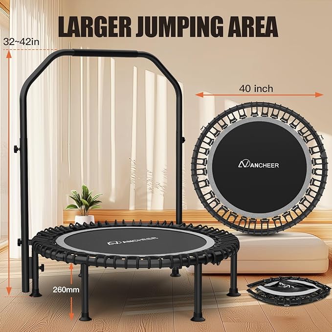Bungee Rebounder Trampoline,ANCHEER 40" Foldable Fitness Trampoline with 4-Level Adjustable Handlebar, 450LBS Capacity, Resistance Ropes&Upgraded Bungees Safe for Home/Cardio,Workout Indoor/Outdoor