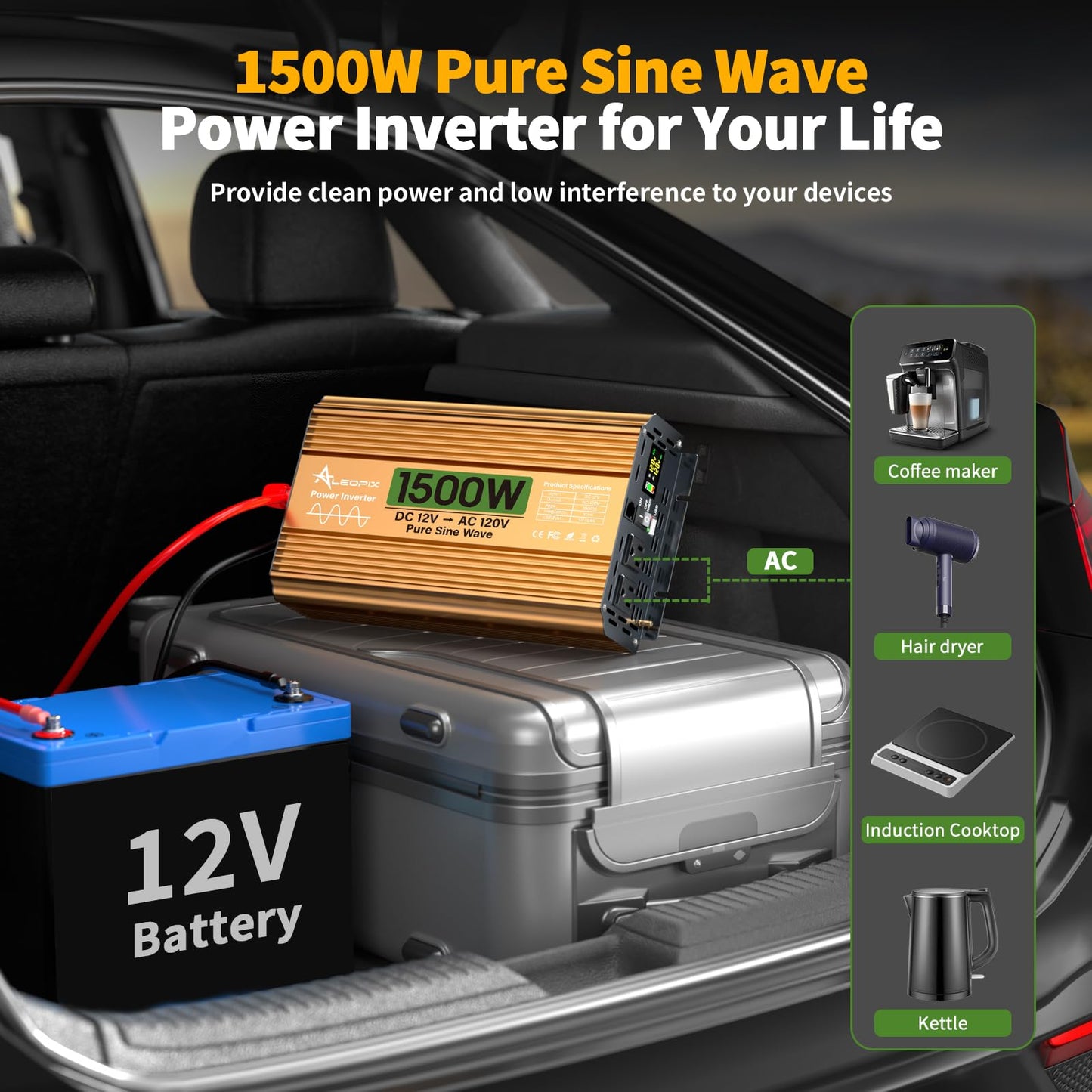 1500 Watt Inverter 12V DC to 110V/120V AC, Pure Sine Wave Inverter for Truck/RV/Home/Solar/Off-Grid, Surge 3000W Pure Sine Power with 2 AC Sockets, 5V 3.4A USB, Digital Display, Remote Controller