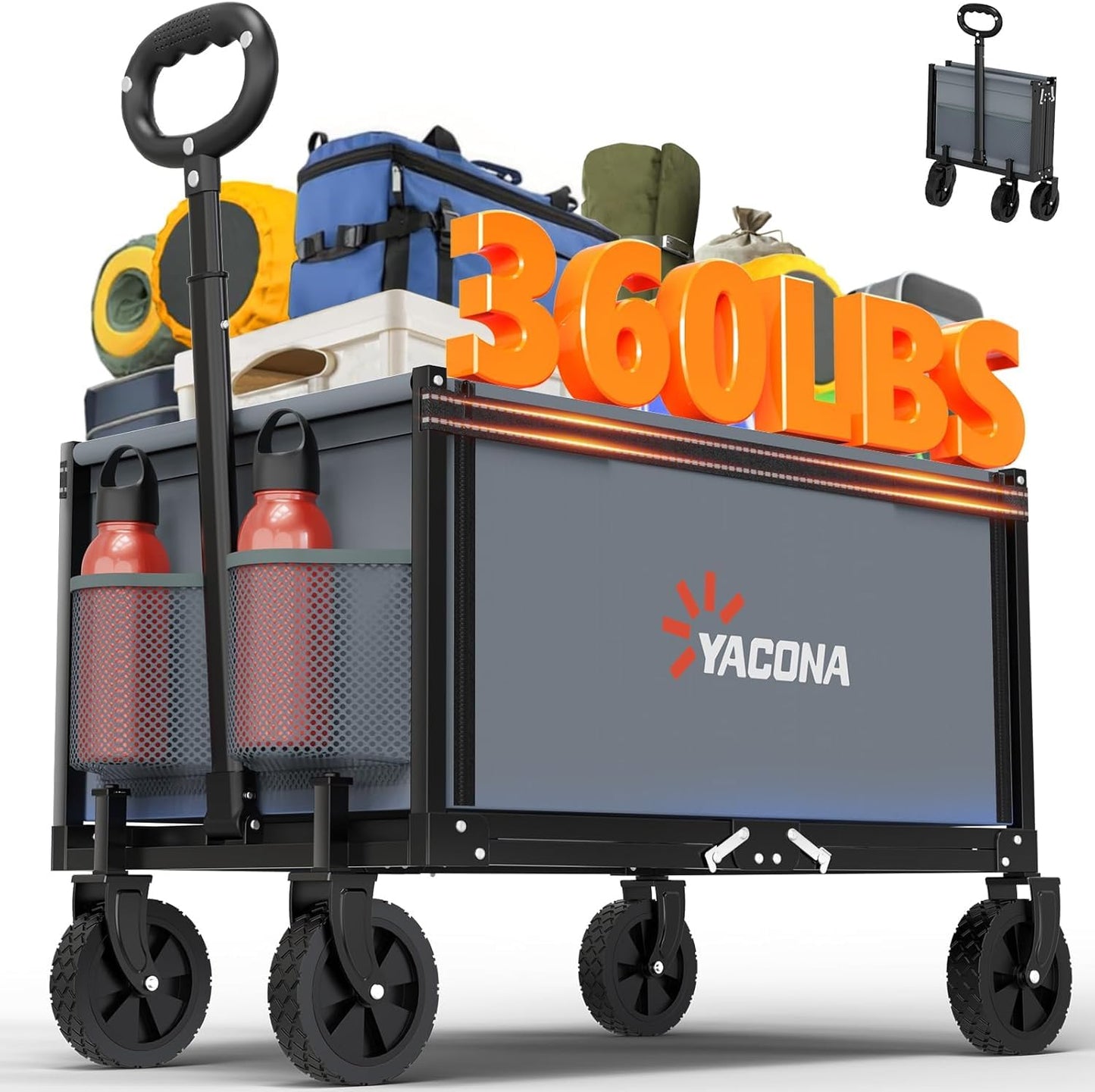 YACONA 3 in 1 Wagons Carts Foldable, 360LBS Lightweight Wagon with All Terrain Wheels, Collapsible Wagon Cart for Grocery, Camping, Beach, Garden & Sports