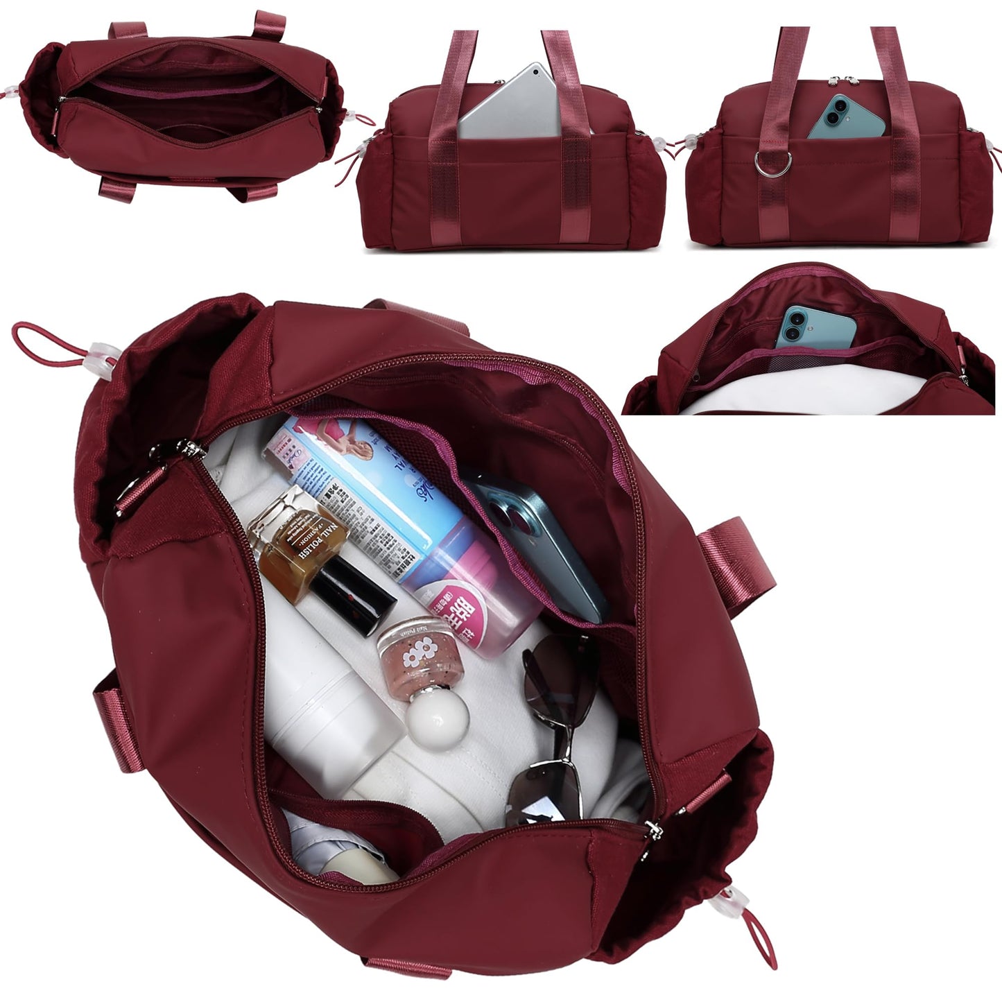 ERTUNA Everyday Mini Gym Bag for Women 2.0, Small Tote with Zipper Compartment Waterproof Travel Duffle Cute Handbag Workout Carry On with Removeable Shoulder Strap & Coin Wallet Easy to Clean-Wine