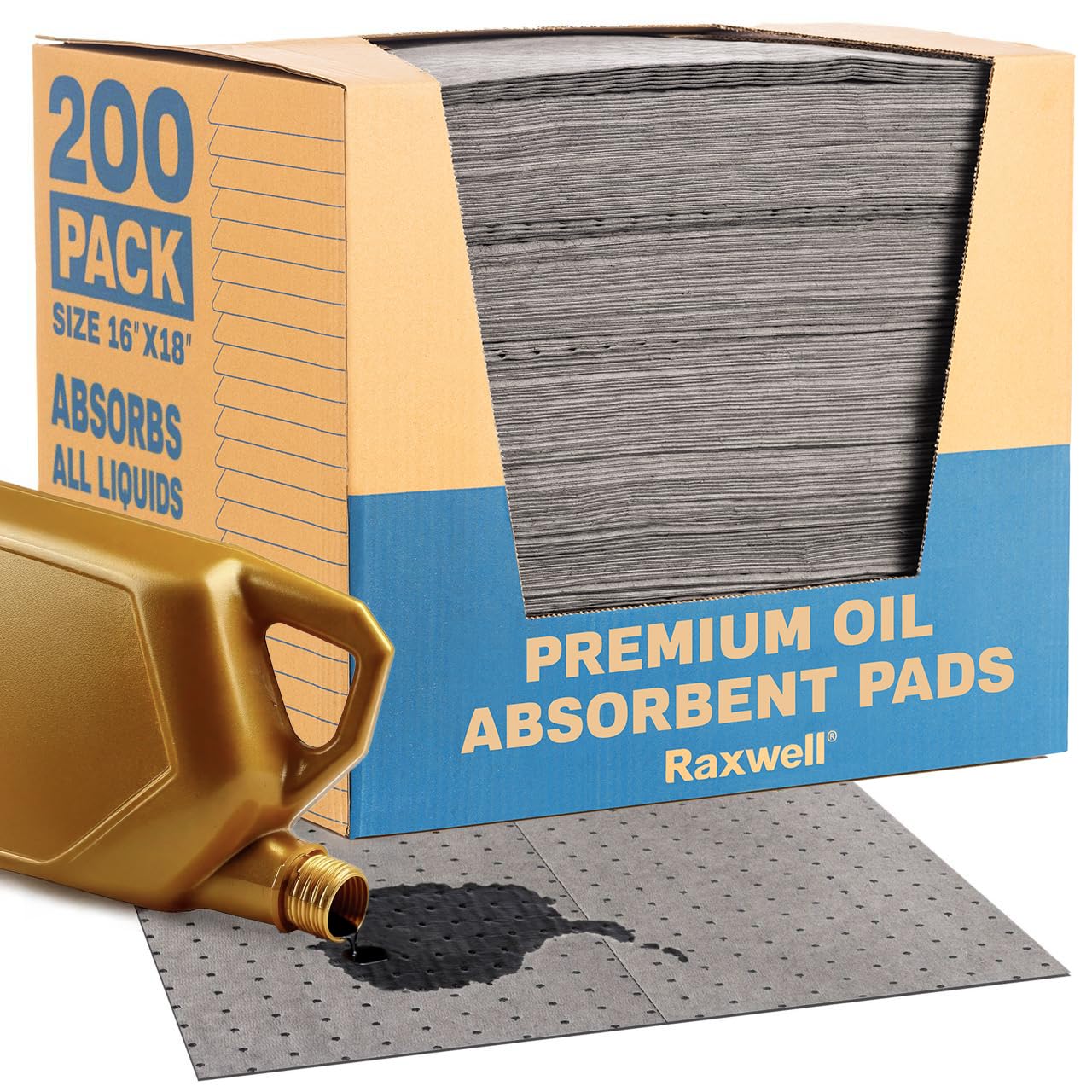 Raxwell Oil Absorbent Pads 200 Pack – 16” x 18” Heavy-Duty Spill Pads, 8-Layer Polypropylene, Dimpled & Perforated Universal Absorbent Sheets - Garage Floor Mat for Oil, Coolant, Water & Chemicals