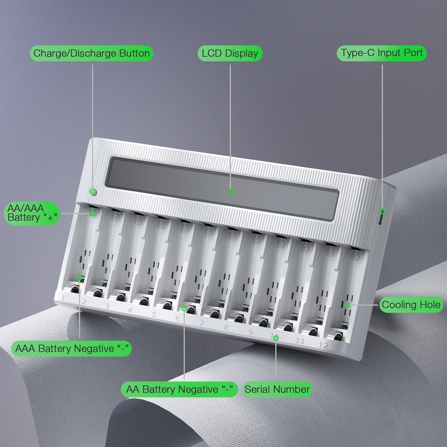 EBL 12-Bay AA AAA Battery Charger Independent LCD Charger for Ni-MH Ni-CD Rechargeable Batteries with Discharge
