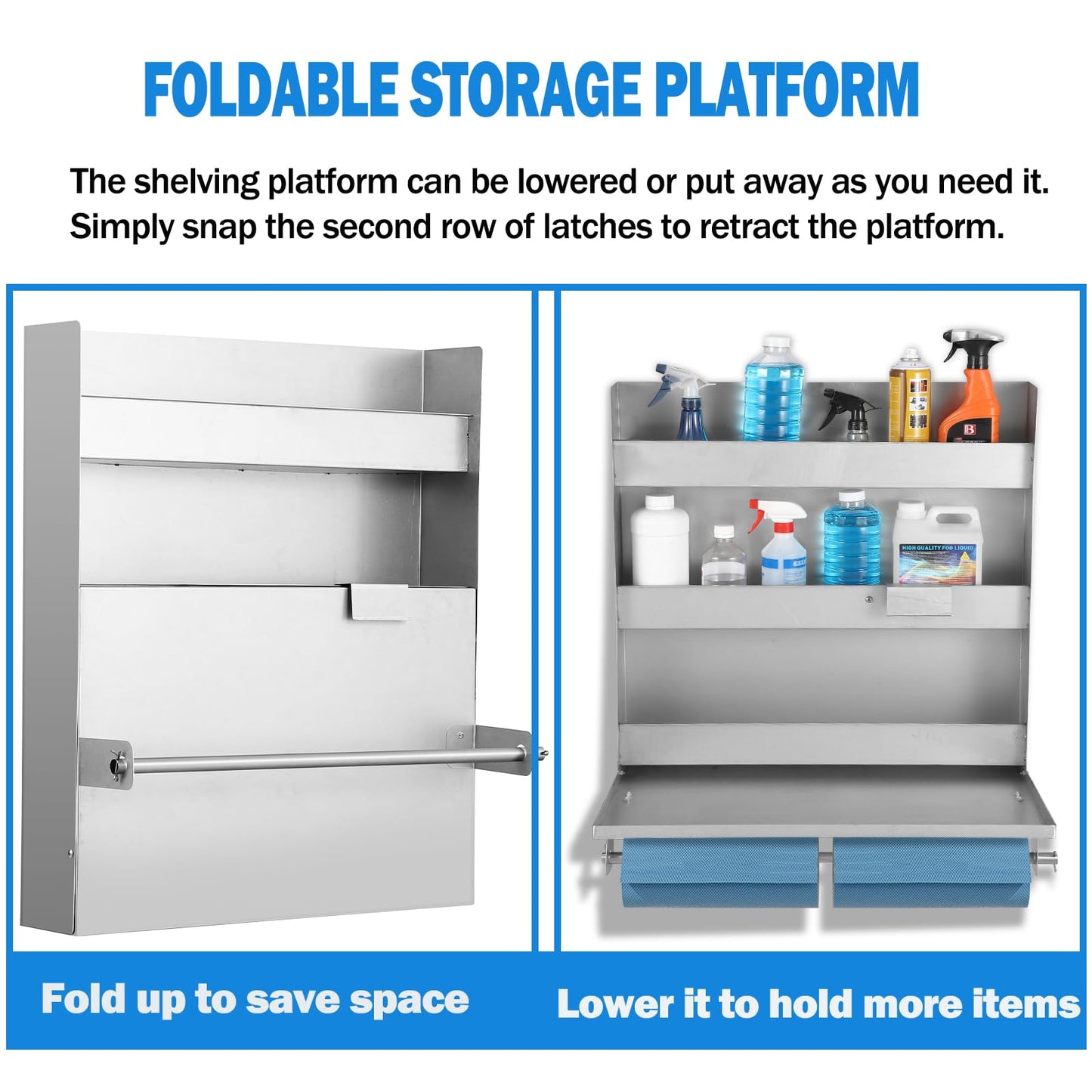 Towallmark 5052 Aluminum Storage Cabinet, 3-Tier Wall-Mounted Tool Cabinet with Flip-Out Work Table & Paper Towel Rack Organizer, Space-Saving Design,Ideal for Garage, Shop, and Trailer Use, Silver