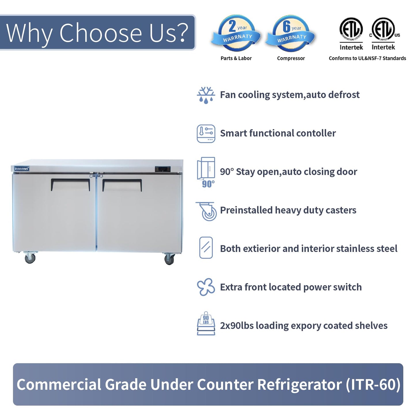 ICECASA 60" W Commercial Refrigerator Worktop Undercounter Refrigerator Double Door Stainless Steel Counter Fan Cooling Refrigerator 16.4 Cu.ft for Restaurant, Bar, Shop, etc