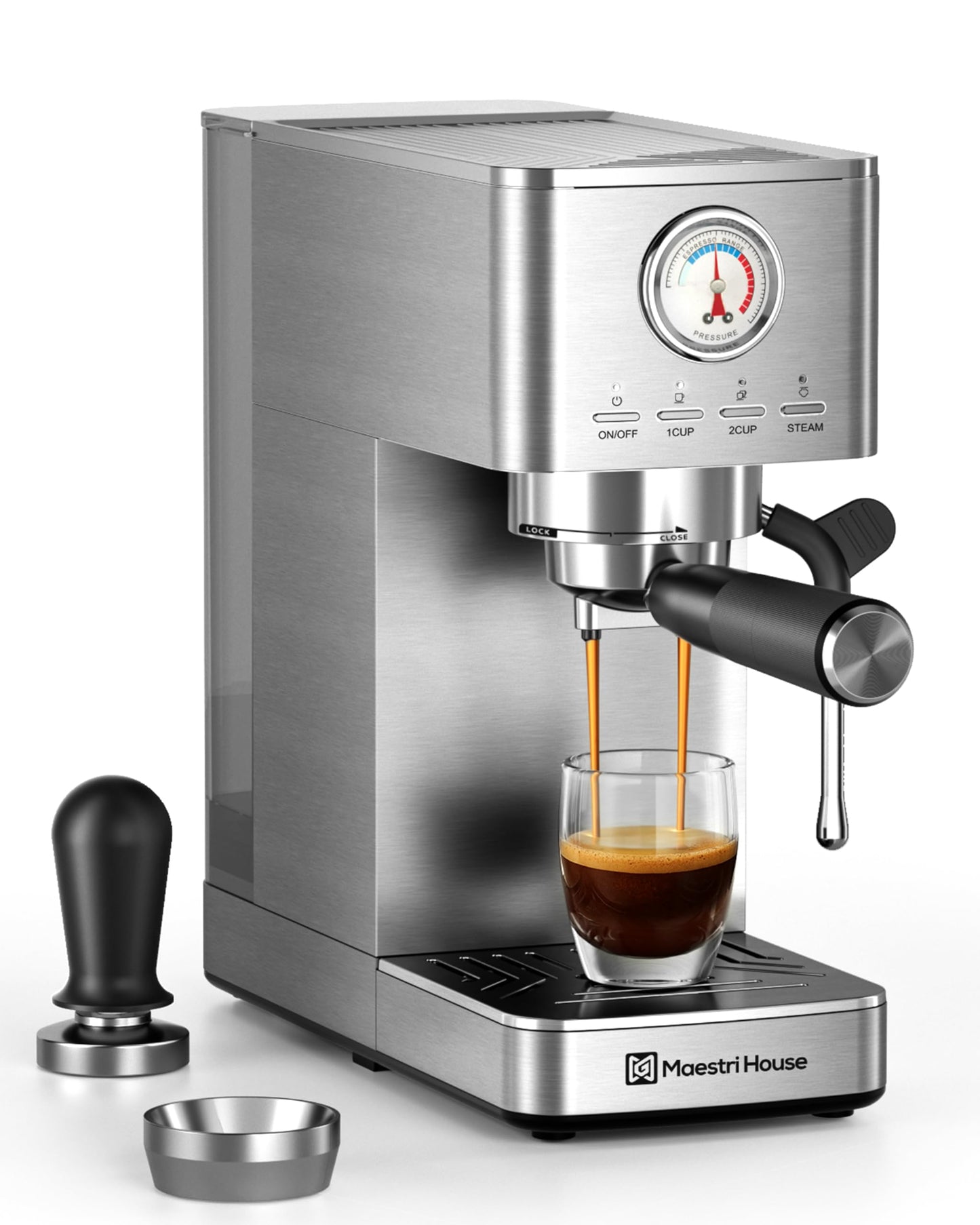 Maestri House Espresso Machine, 20 Bar ULKA Pump, Compact Espresso Maker Built-in Flow Meter Steam Milk Frother, Stainless Steel Coffee Machine for Cappuccino, Latte (Silver)