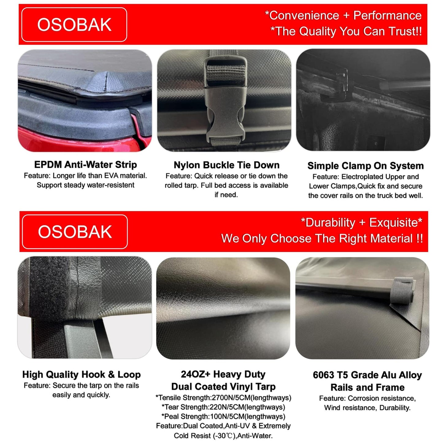 OSOBAK 5.5ft Soft Roll Up Truck Pickup Tonneau Cover for 2007-2021 Toyota Tundra Short Bed Cover | Compatible for Deck Rail System