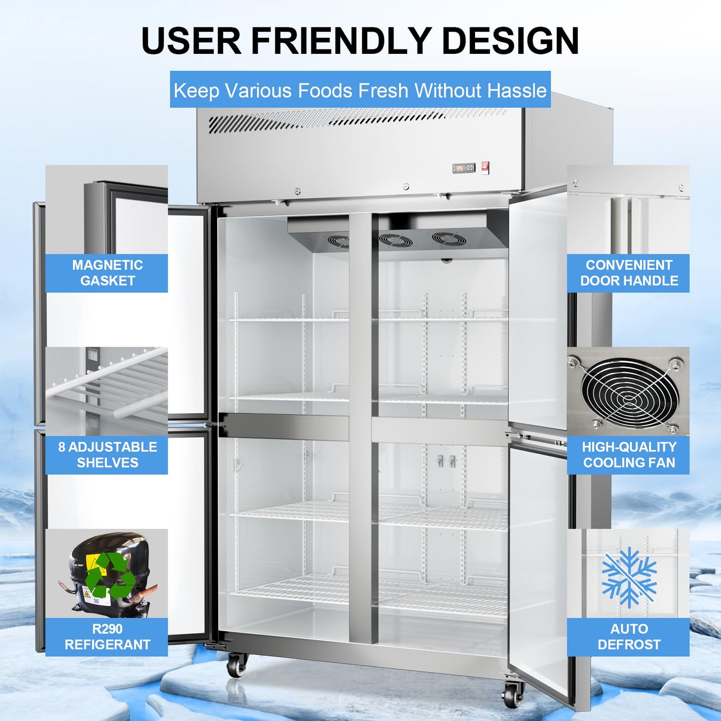 LCEKY 48" W 4 Door Commercial Refrigerator Stainless Steel 36 Cu.ft Fridge for Restaurant, Bar, Shop Upright