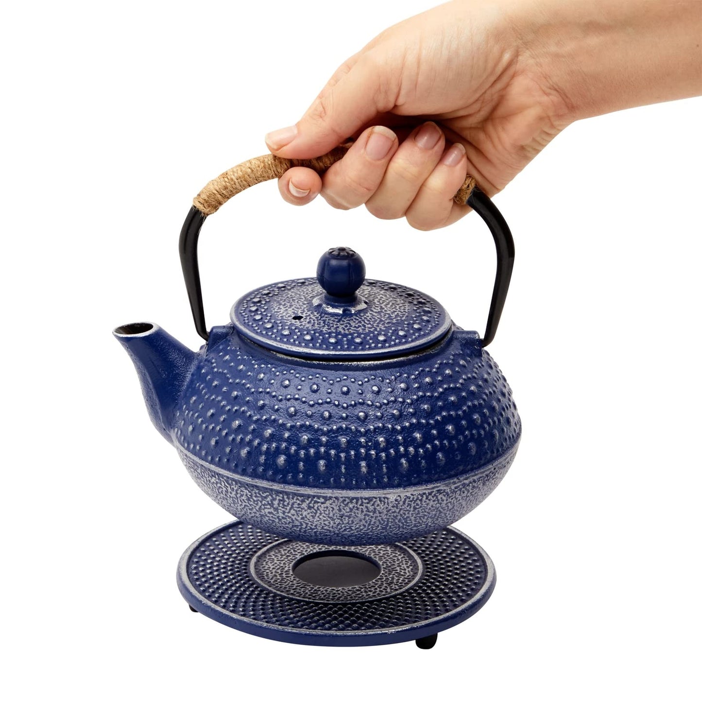 Juvale Cast Iron Teapot with Infuser - Blue, 27 oz (800 mL) - Stovetop Tea Kettle for Loose Leaf Tea - Includes Stainless Steel Infuser & Trivet