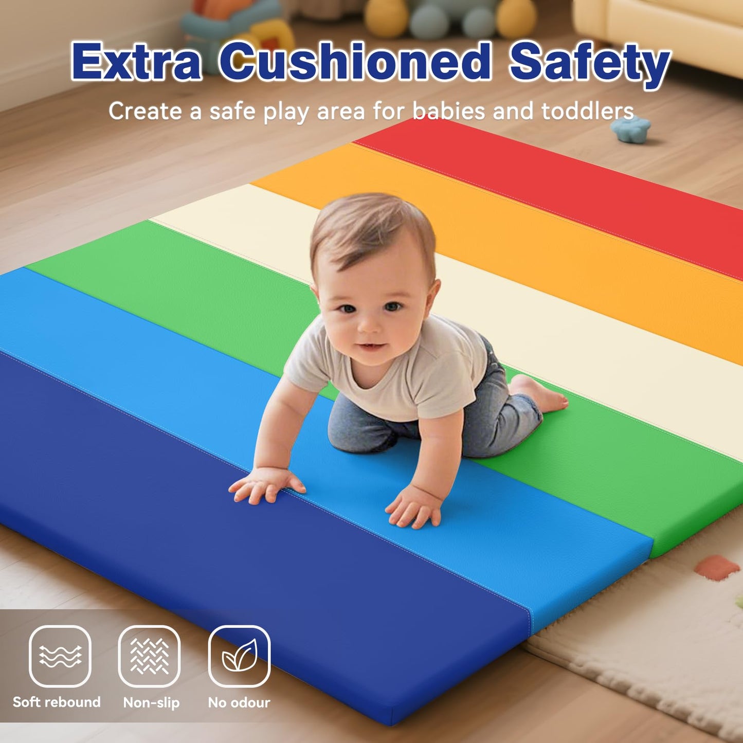 TODIBY Foam Baby Play Mat: PU Leather Waterproof Kids Playmat - Trifold Floor Mat - Large Play Mat for Playpen Thick Pad Fodable Mattress Soft Toddler Mattress Infant Cushion for Preschool (Rainbow)