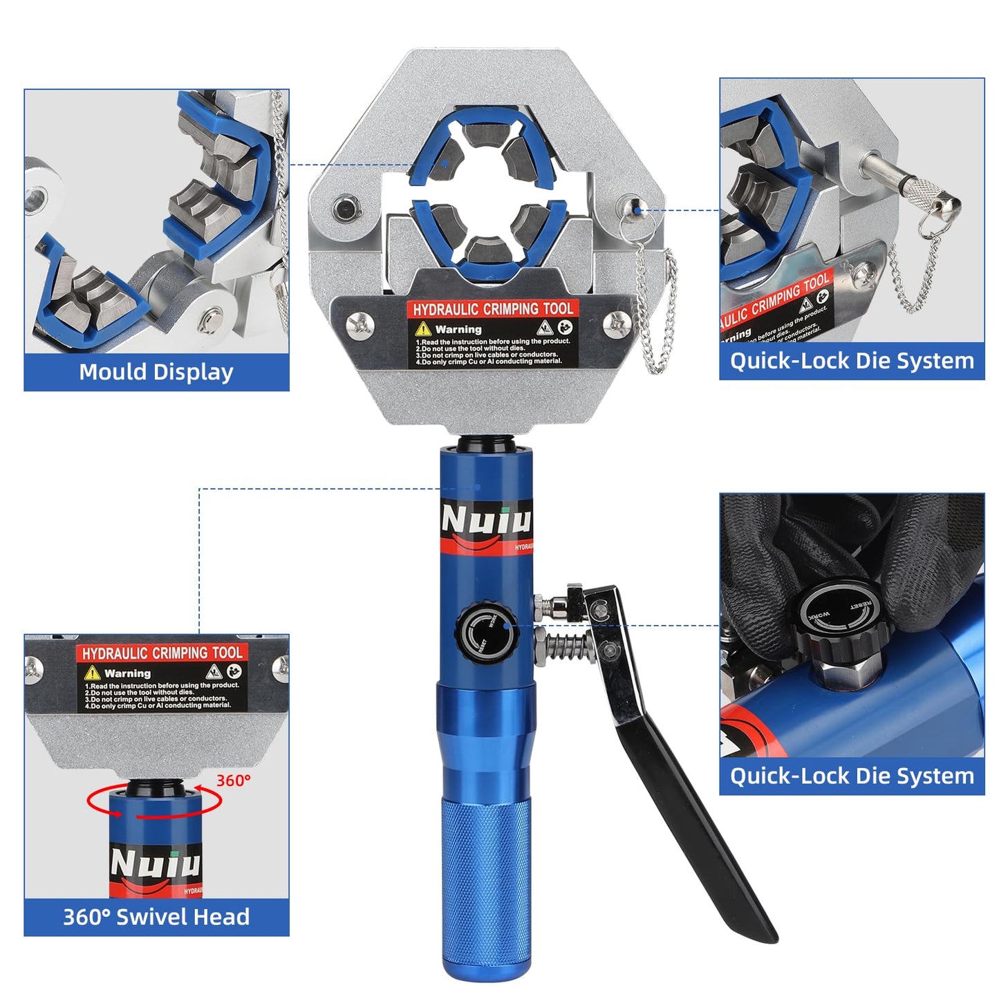 Nuiu FS-7842A Hydraulic Hose Crimper Kit - 8T Handheld Crimping Tool w/Quick-Lock Dies, 7 Molds for Auto A/C, HVAC & Industrial Piping (3/8"-7/8")